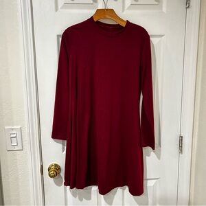 Burgundy Long Sleeve A-line Cotton Dress